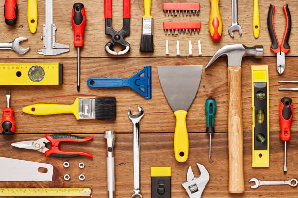 istock Work tools arranged on wood floor - Knolling concept 614745786