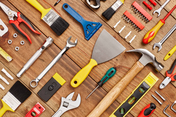 istock Work tools arranged diagonally on wood - Knolling 614746000