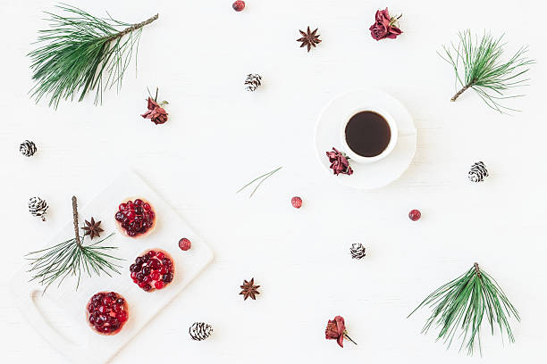 istock Cup of coffee, christmas dessert, anise star, pine branches 614746366