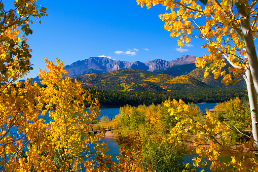 Crystal Reservoir in the fall with Pikes Peak in the background