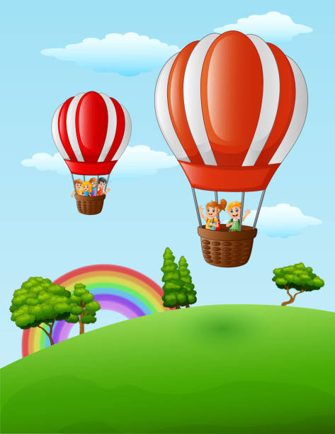 ilustrações de stock, clip art, desenhos animados e ícones de two air balloons flying with happy kids - air nature high up pattern