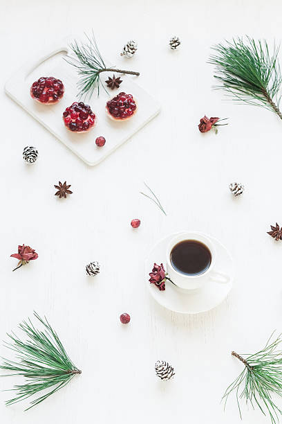 istock Cup of coffee, christmas dessert, anise star, pine branches 614746608