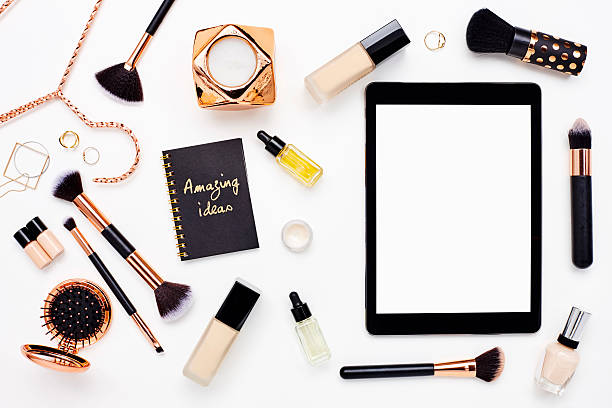 istock Flat lay of digital tablet with beauty products 614746804