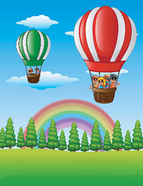 ilustrações de stock, clip art, desenhos animados e ícones de happy cartoon kids flying in a hot air balloon - air nature high up pattern