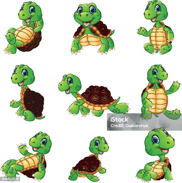 Ensemble De Collection De Dessins Animés Happy Turtle Vecteurs libres de droits et plus d'images vectorielles de Tortue aquatique