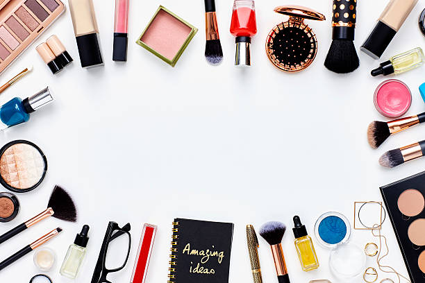 istock Flat lay beauty products arranged on white background 614748118