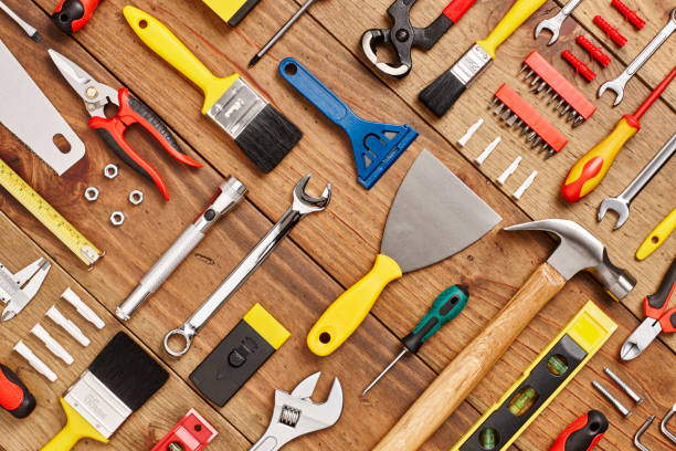 istock Carpentry tools arranged diagonally on wood - Knolling 614749248