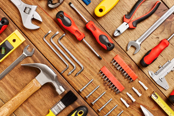 istock Full frame shot of work tools diagonally arranged on table 614832176