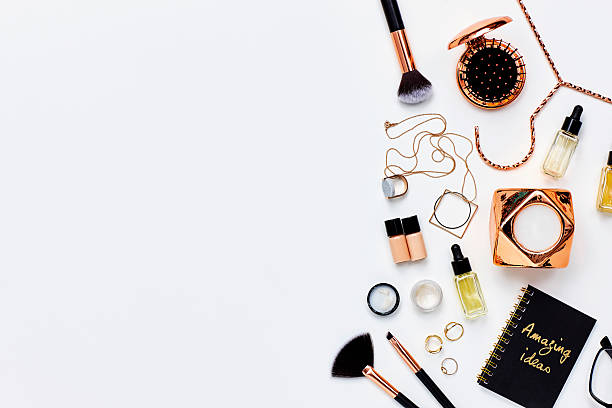 istock Various beauty products and jewelry against white background 614833088