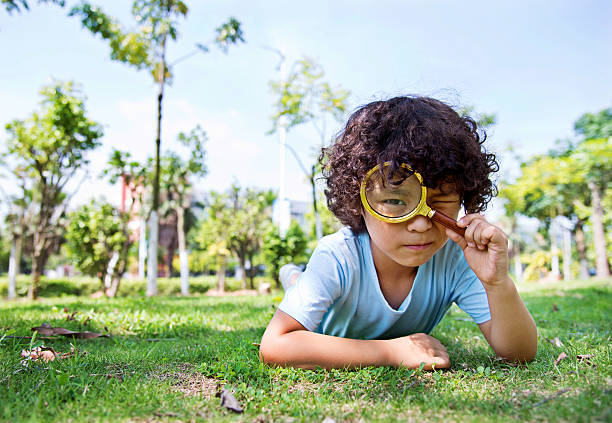 istock Little boy with magnifying glass in park 614833160