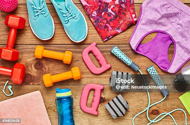 Directly Above Flat Lay Shot Of Various Sports Equipment Stock Photo - Download Image Now