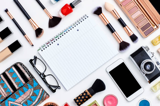 istock Knolling concept - note book flat lay with beauty products 614833568