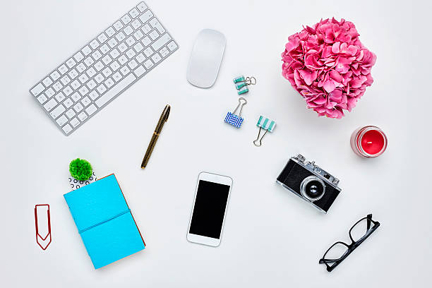 istock Technologies and office supplies against white background 614836958