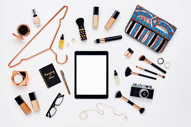 istock Flat lay of digital tablet surrounded by beauty products 614837318