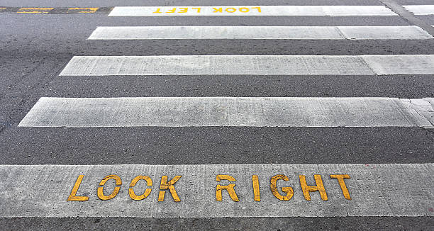 istock Look Right warning at a pedestrian zebra crossing 614837944
