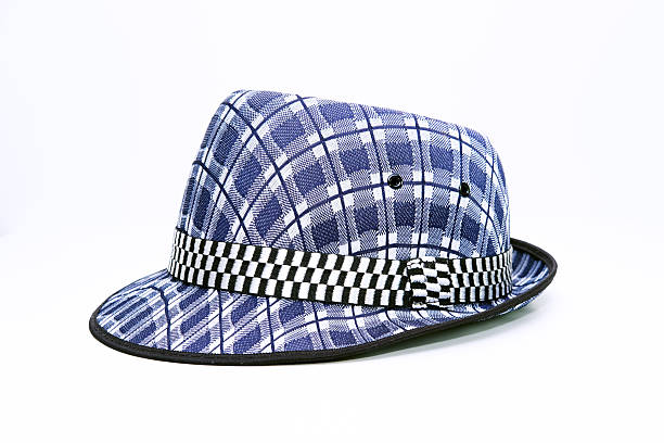istock Vintage, felt trilby/fedora hat with plaid blue pattern 614838040