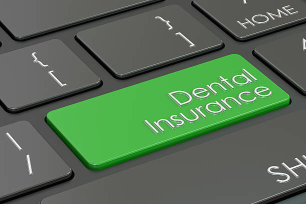 istock Dental insurance button, green key on  keyboard. 3D rendering 614838520
