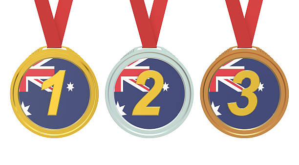 золотые, серебряные и бронзовые медали с австралийским флагом, 3d renderin - medal silver medal silver award стоковые фото и изображения
