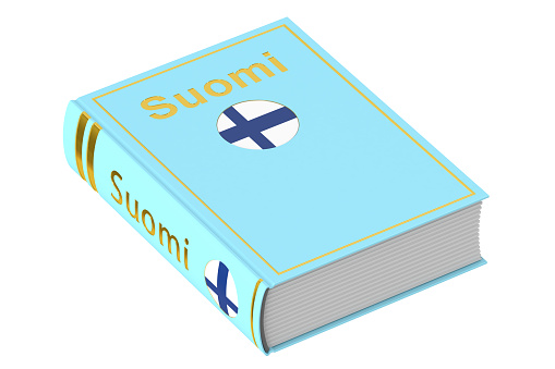 Finnish Suomi language textbook, 3D rendering isolated on white background