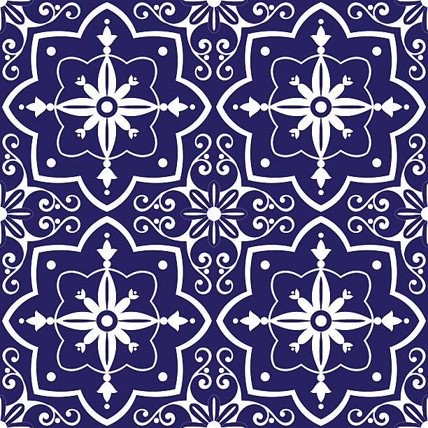 illustrations, cliparts, dessins animés et icônes de motif de carreaux vectoriel avec des ornements de fleurs bleues et blanches - spanish tiles