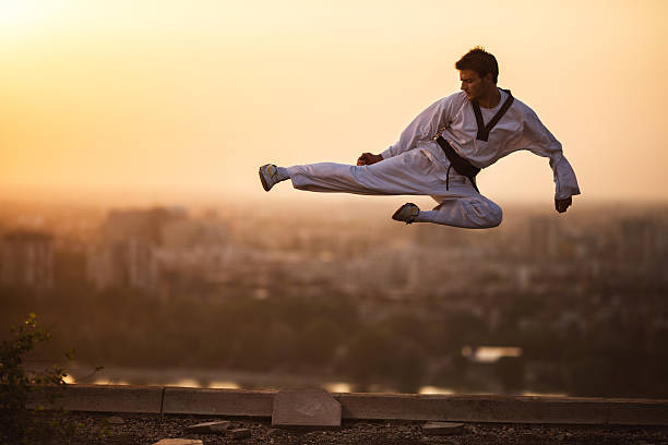 artista marcial cinturón negro realizando fly kick al atardecer. - kicking tae kwon do martial arts flying fotografías e imágenes de stock