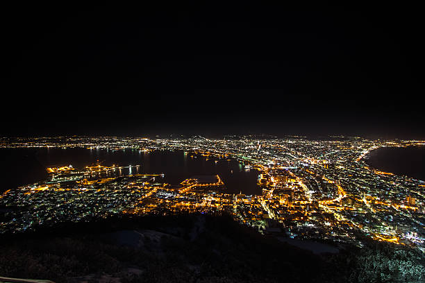 Defocus Winter Night View of Hakodate harbor from Mount Hakodate, must see sightseeing, Hokkaido, Japan