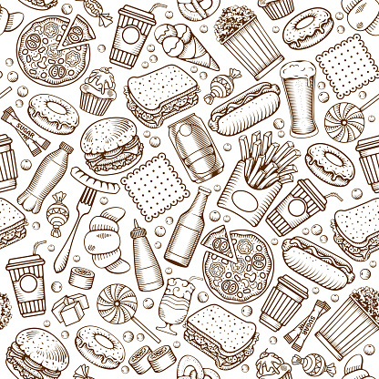 Fast Food Seamless Pattern in Hand Drawn Doodle Style with Different Objects on Fast Food Theme. All elements are separated and editable. Vector stock Illustration.