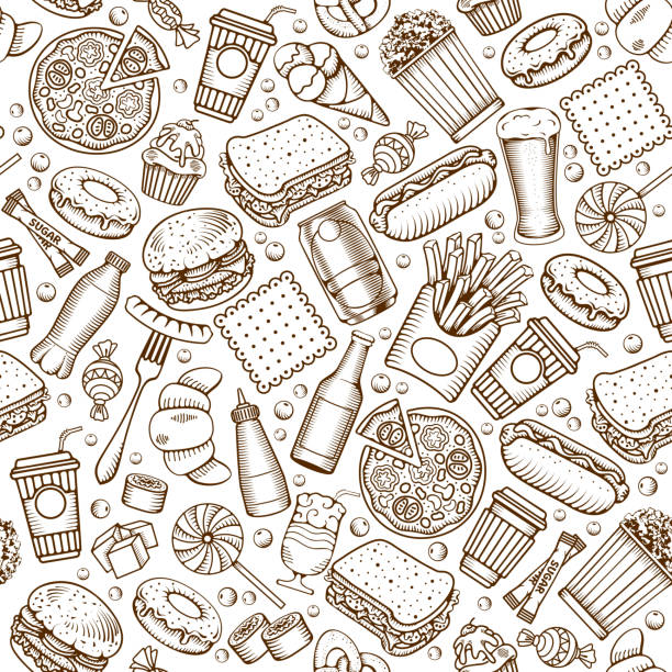 Fast Food seamless pattern Fast Food Seamless Pattern in Hand Drawn Doodle Style with Different Objects on Fast Food Theme. All elements are separated and editable. Vector stock Illustration. street food stock illustrations