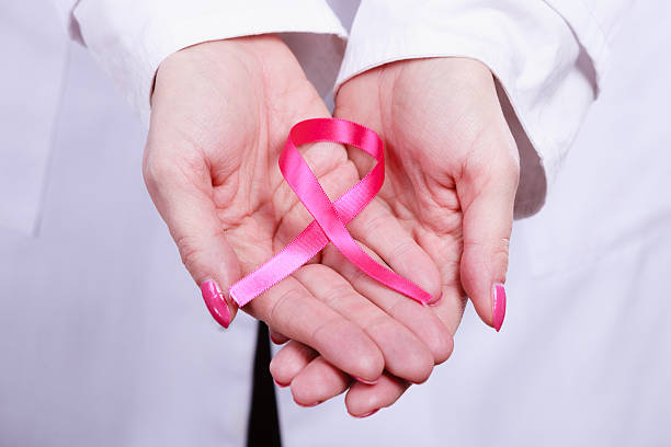 istock Female hands with pink ribbon 614844458