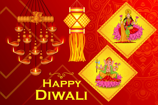 illustration of Goddess Lakshmi and Lord Ganesha in Happy Diwali holiday of India