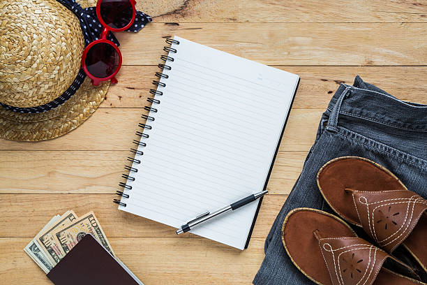 istock Flat lay travel accessories costumes notebook and copy space. 614846456