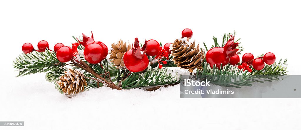 Christmas Red Berries Decoration, Berry Branch Pine Tree Cone Isolated Christmas Red Berries Decoration, Berry Branch Pine Tree Cone Isolated over Winter Snow Christmas Stock Photo