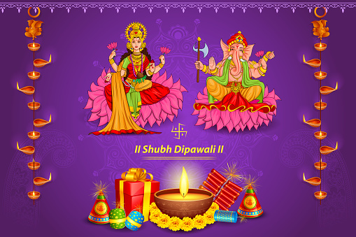 illustration of Goddess Lakshmi and Lord Ganesha in Happy Diwali holiday of India