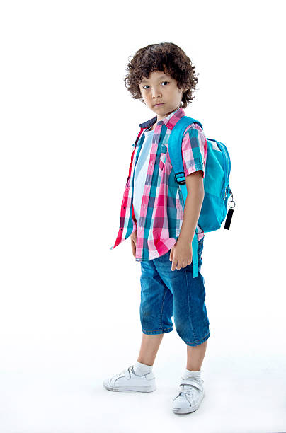 istock Little asian boy with schoolbag against white background 614849522