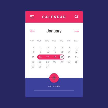 UI, UX and GUI template layout for Mobile Apps. Calendar widget event. Vector illustration. Calendar daily template. Pink and blue color ux app. Calendar screen design