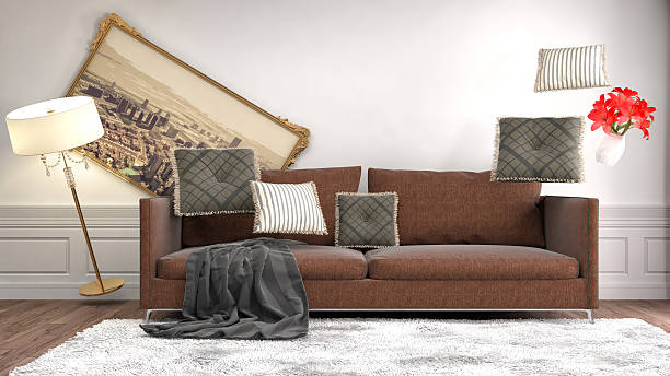 istock Zero Gravity furniture hovering in living room. 3D Illustration 614851498