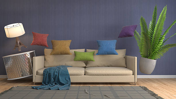 istock Zero Gravity furniture hovering in living room. 3D Illustration 614852102