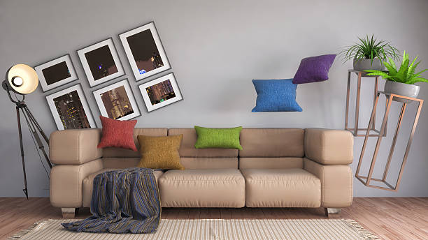 istock Zero Gravity furniture hovering in living room. 3D Illustration 614852462