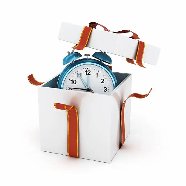 Photo of Blue Alarm Clock in White Gift Box - Clipping Path