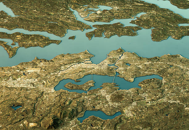 Seattle 3D Landscape View East-West Natural Color 3D Render of a Topographic Map of Seattle, Washington, USA. puget sound aerial stock pictures, royalty-free photos & images