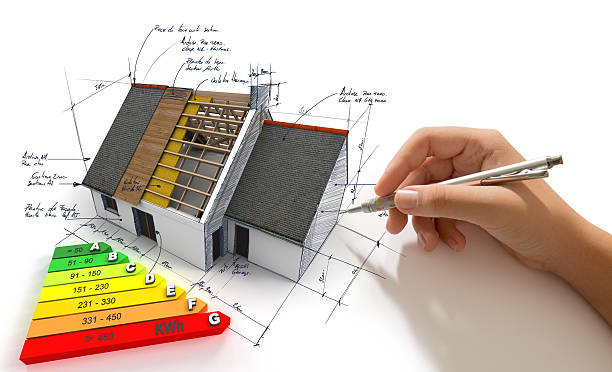 Improving energy efficiency Hand sketching on an energy efficiency project architectural model house stock pictures, royalty-free photos & images