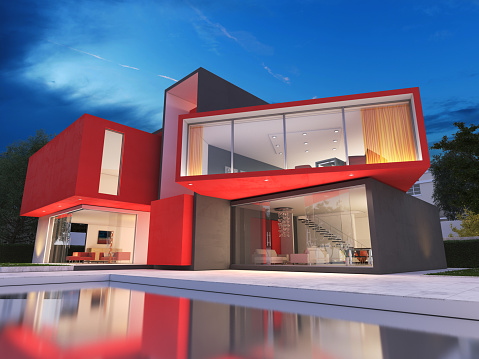 Realistic rendering of a very modern upscale red house