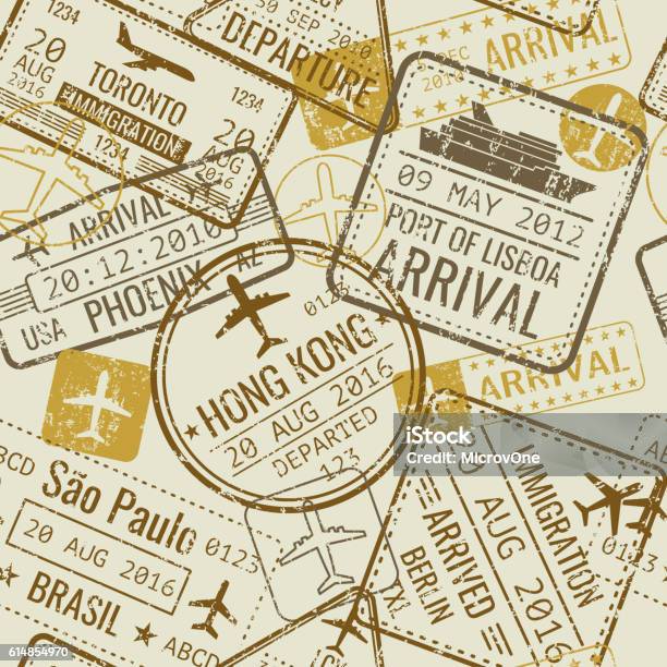Vintage Travel Visa Passport Stamps Vector Seamless Background Stock Illustration - Download Image Now