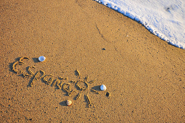 istock Spain sign on the sand beach 614856558