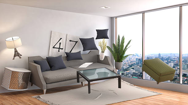 istock Zero Gravity furniture hovering in living room. 3D Illustration 614856740