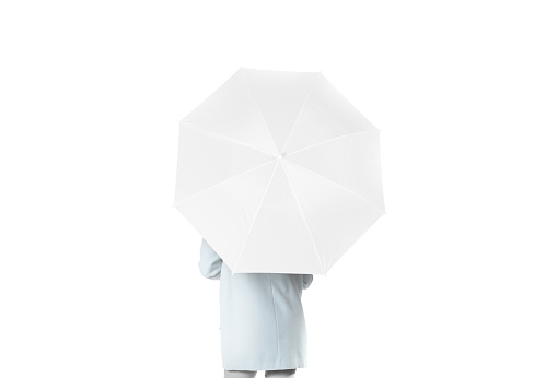 Women stand backwards with white blank umbrella opened mockup, clipping path. Female person hold clear umbel overhead. Plain surface gamp mockup. Man holding protective accesory gingham cover handle.