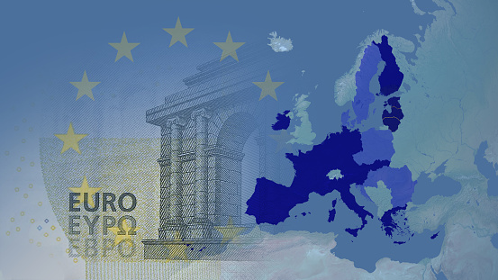 Eurozone in after 2017 version. Uk no longer mender EU The dark blue countries  are the eurozone members with the euro as their currency. the lighter blue ones are in the union but without the euro. In the backdrop is the small 5 euro note.