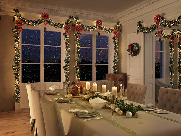 nordic diner table with christmas decoration by night. 3d rendering - window christmas night house imagens e fotografias de stock