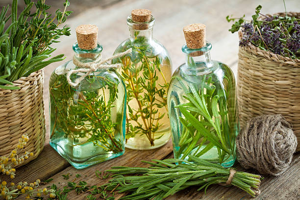thyme and rosemary essential oil or infusion - druppelfles stockfoto's en -beelden
