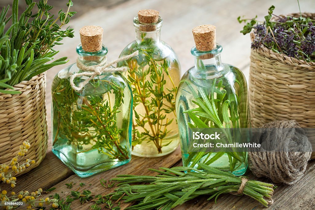Thyme and rosemary essential oil or infusion Bottles of thyme and rosemary essential oil or infusion, herbal medicine. Herbal Medicine Stock Photo